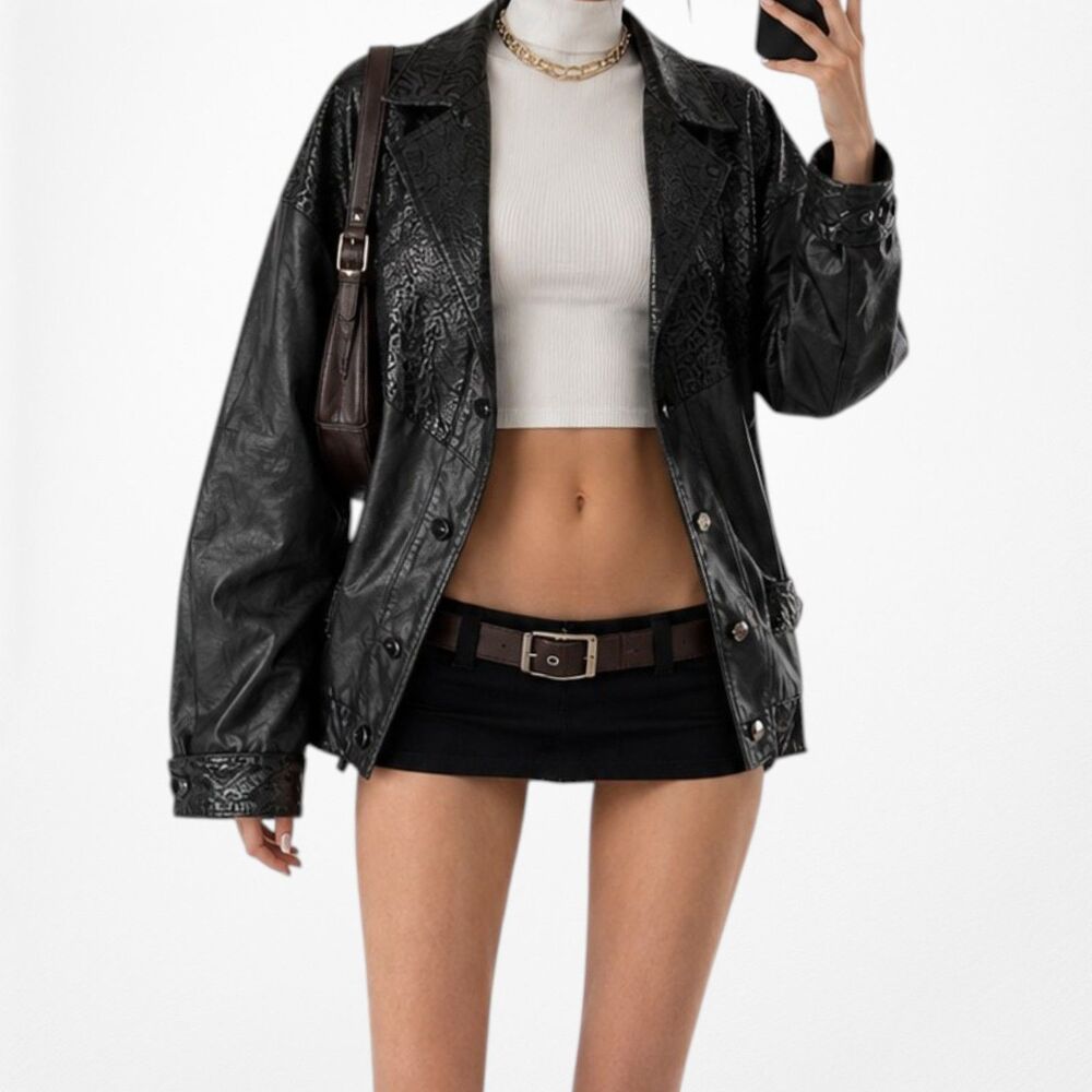 Vintage Y2K 90s Bomber Style Leather Snake Detail Motorcycle Biker Jacket Size L